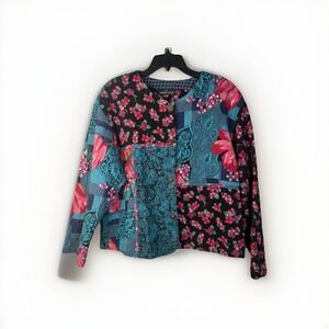 Quilted Floral Patchwork Jacket Art to Wear Colorful Coat Size L/XL Carol Little